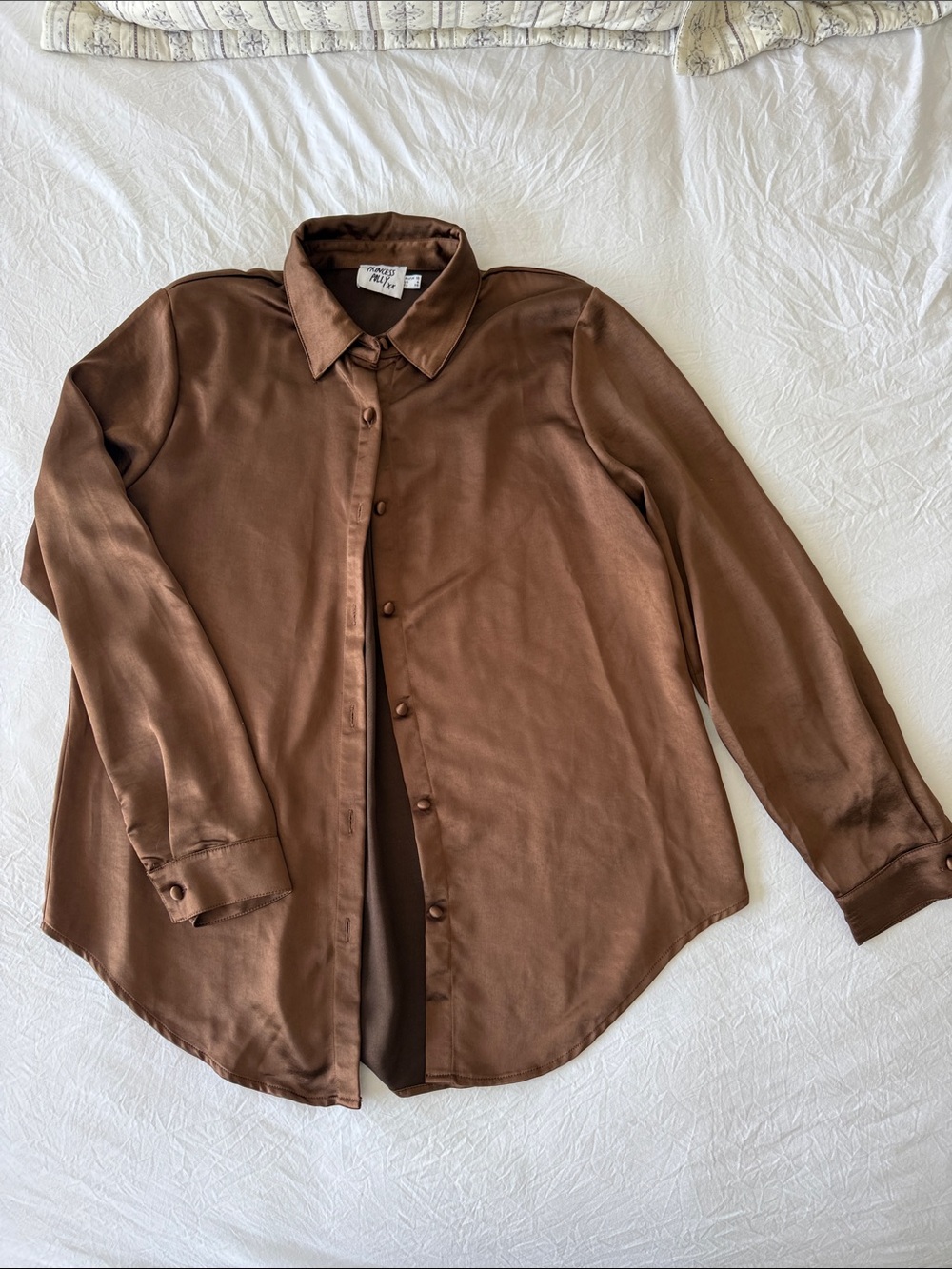 Princess Polly Satin Brown Long-Sleeve Button-Down Shirt